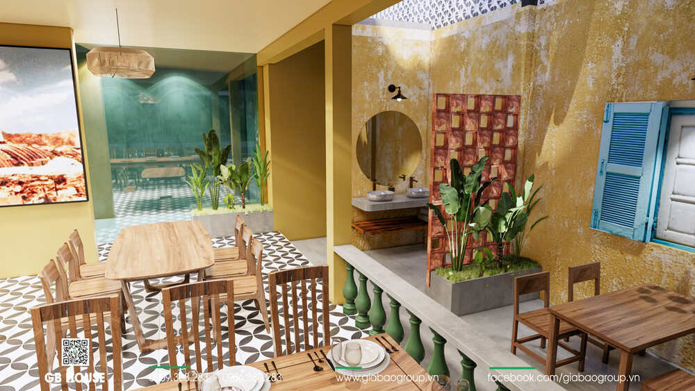 Khu vực rửa tay sạch sẽ trang trí mảng xanh và gạch bông đậm chất xưa