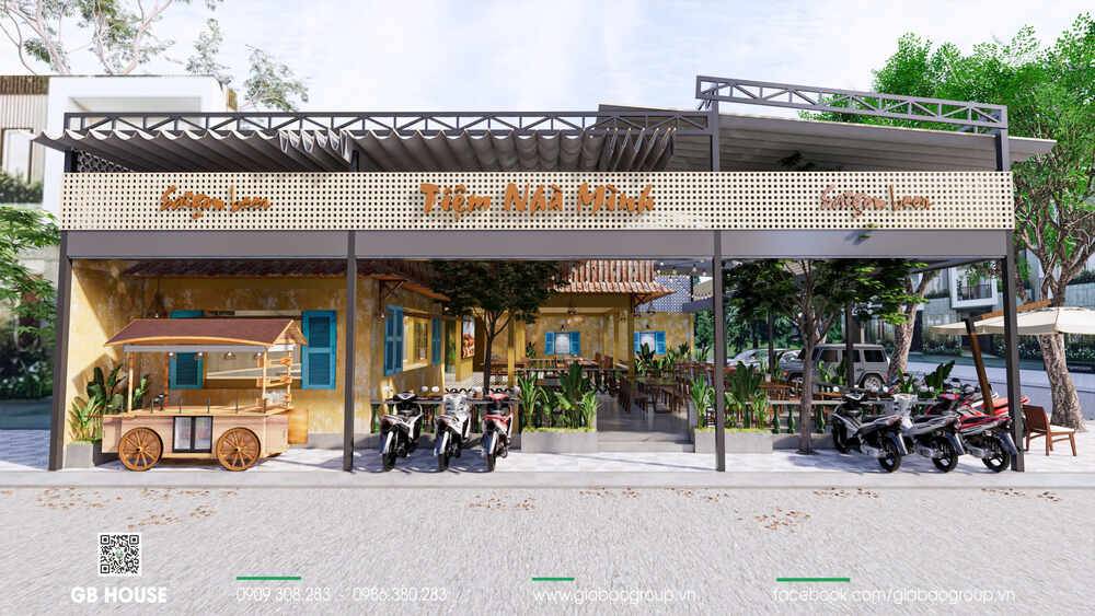Mặt tiền quán nhậu Nhà Mình thiết kế hoài cổ kết hợp hiện đại thu hút từ cái nhìn đầu tiên