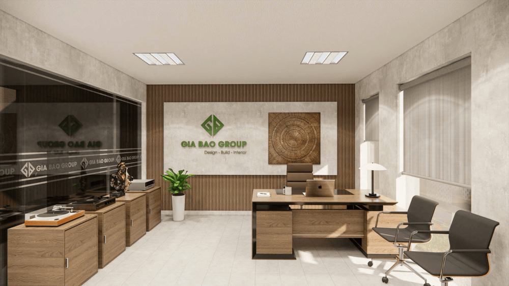 Phòng giám đốc sử dụng vật liệu gỗ chủ đạo, điểm nhấn logo và tranh trang trí vân gỗ độc đáo